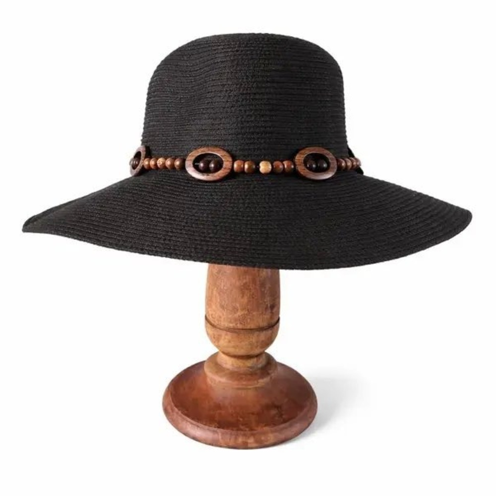 Kallina Sun Hat Black Wood Bead Accent UPF 50+ Resort Beachwear‎ Boho Travel